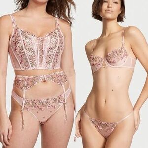 Victorias Secret Dream Angels Floral Embroidered Pink Lingerie Set